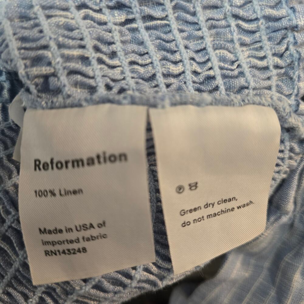 Reformation Maple Linen Blue Smocked Peasant Puff Sleeve Crop Blouse Size Large - Picture 6 of 8